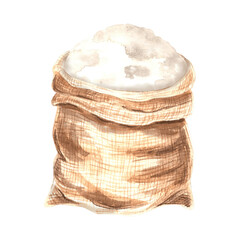 Jute sack with white sugar, salt or flour. Fullbag from hemp with harvest. Hand drawn watercolor illustration isolated. Canvas pouch with product for cooking and bakery. Clipart for food design, print