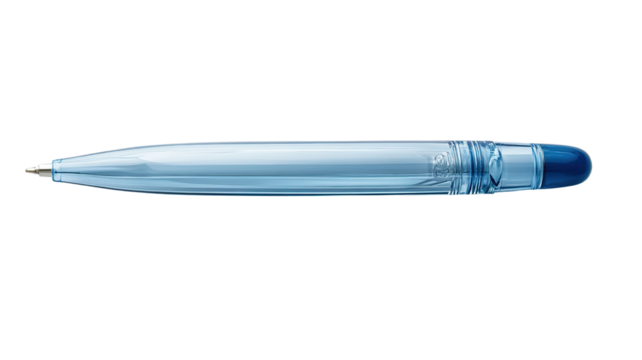 A simple and modern blue ballpoint pen, isolated on a transparent background. The pen has a clear plastic body and a smooth, clean design, with the ink visibly flowing through the tip.
