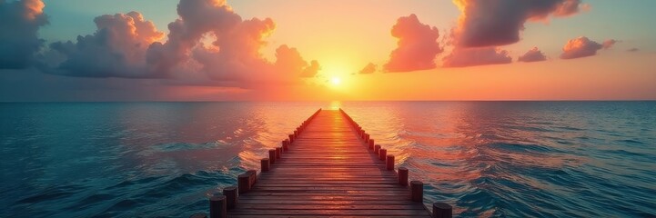 Obraz premium Sunset over tranquil ocean, long wooden path leads to horizon , seascape, purple