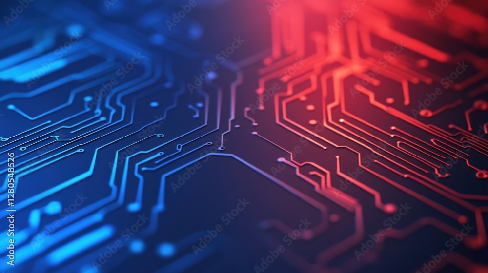 Poster abstract circuit board design in blue and red lighting effects