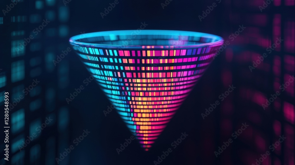 Poster funnel concept. transparent funnel with smooth flowing data streams in futuristic digital landscape