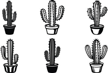 A set of a Cactus in a pot isolated premium vector art, cactus in a pot silhouette vector art, cactus in a pot line art vector illustration