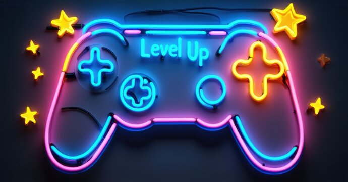 Neon level up sign with neon game controller and achievement stars, creating a vibrant, colorful atmosphere that symbolizes progress, success, and reaching new milestones - Powered by Adobe