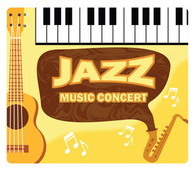 Jazz Music Concert Poster Featuring Musical Instruments and Notes. Invitation leaflet for Jazz Festival.