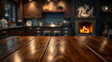 Wooden desk of free space and home interior with firerplace