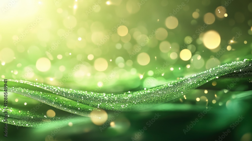 Poster Shimmering Green Waves with Bokeh Effect and Sparkling Particles