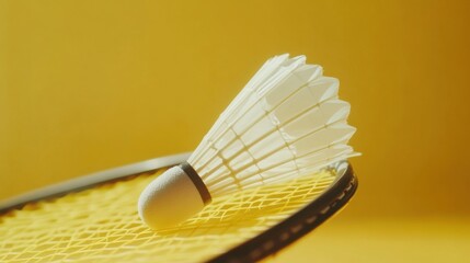 White shuttlecock resting on a badminton racket against a golden yellow background for a dynamic sports effect