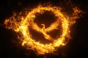 Fototapeta premium majestic phoenix rising from swirling flames, its wings spread wide within a perfect circle of fire