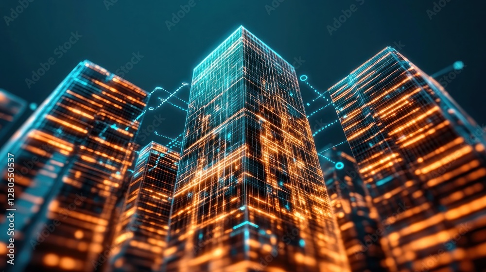 Aufkleber futuristic skyscrapers with neon lights and digital data visualization