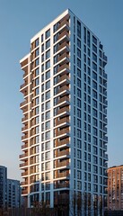 Obraz premium Modern residential tower, urban setting, sunrise