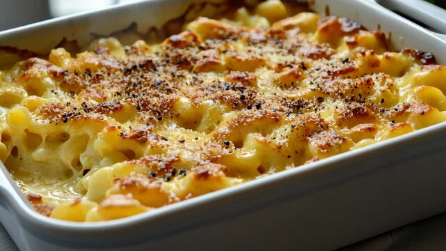 Baked mac and cheese with a crispy golden crust served in a white ceramic dish, Baked mac and cheese with golden crust in dish