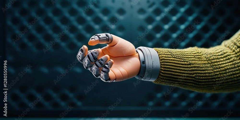 Poster robotic hand reaching out with human-like features and textures