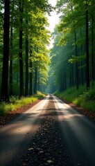 Naklejka premium Forest floor with asphalt road passing through, pavement, nature