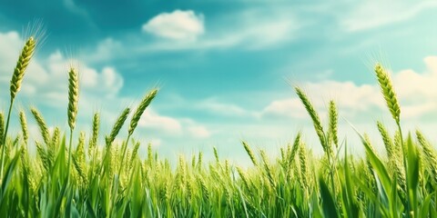 Fototapeta premium Lush Green Wheat Field Under Clear Blue Sky with Fluffy Clouds