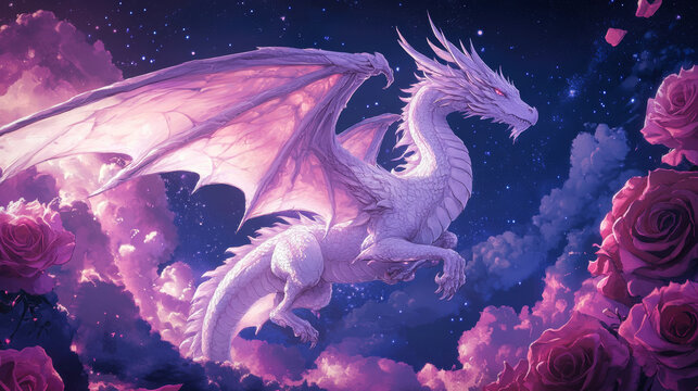A beautiful white dragon with pink and purple wings, surrounded by clouds and roses floating under the moonlight