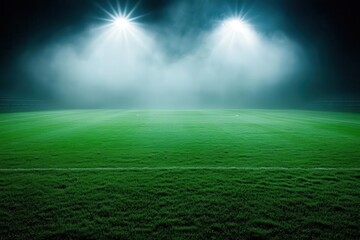 majestic soccer stadium illuminated by powerful floodlights piercing through misty night air, emerald pitch gleaming under artificial lights, dramatic shadows casting across empty stands