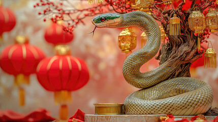 Fototapeta premium A majestic snake entwines around a decorated Chinese New Year tree, its shimmering golden and green scales adding to the festive atmosphere, with red lanterns and golden ornaments symbolizing prosperi