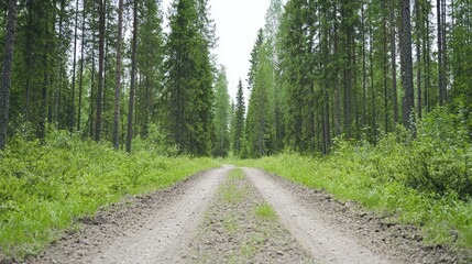 Fototapeta premium Forest Path Through Green Trees. Possible use for stock photos Wilderness nature, forest walk, travel, or nature background