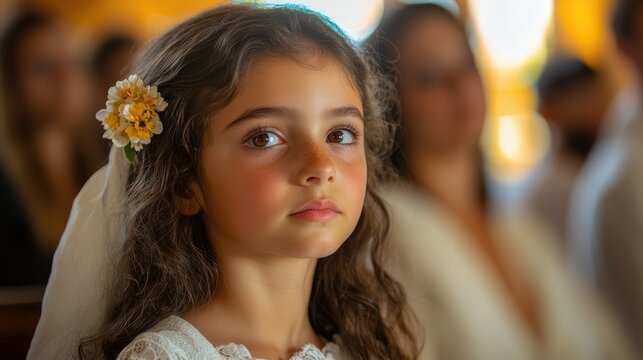 Young girl wearing a flower headpiece attends a special ceremony in a bright, intimate venue with soft lighting