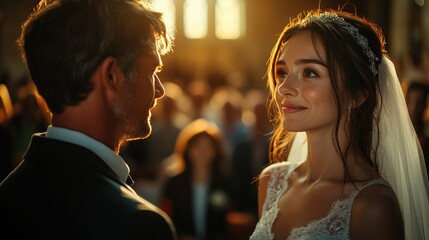 Couple exchanges vows during a romantic wedding ceremony in a sunlit church setting filled with guests
