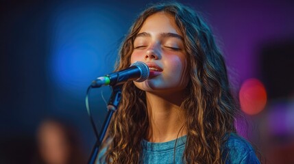Young singer performs passionately on stage with closed eyes and a microphone in a vibrant atmosphere