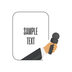Hand holding microphone. Journalism, live news or reporters interviews concept. Mic in hands of man. Vector illustration in flat style. EPS 10.