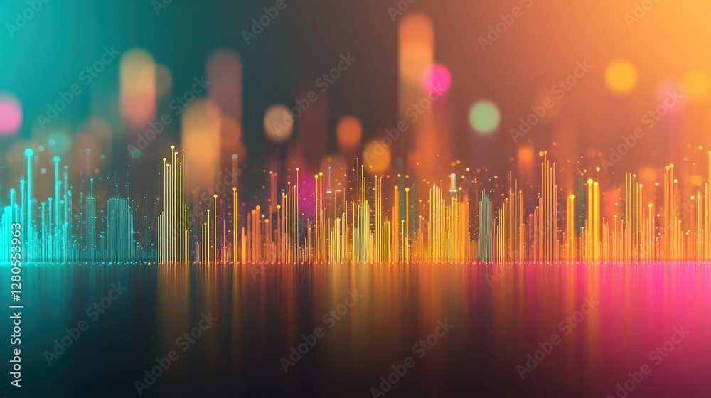 Poster vibrant abstract sound wave art with neon colors and reflections