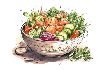 Background with salad. Sketch style. Hand drawn illustration. Food concept.