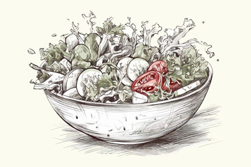Background with salad. Sketch style. Hand drawn illustration. Food concept.