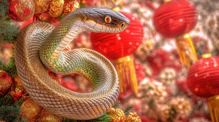 Fototapeta premium A majestic snake entwines around a decorated Chinese New Year tree, its shimmering golden and green scales adding to the festive atmosphere, with red lanterns and golden ornaments symbolizing prosperi
