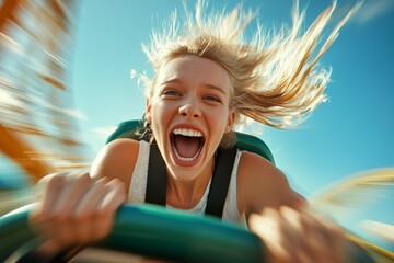 Young woman having fun on a rollercoaster ride at an amusement park