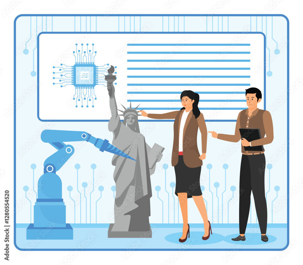 Poster ai analyze art restoration. engineers discussing robotics and artificial intelligence with statue in