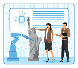 AI Analyze Art Restoration. Engineers Discussing Robotics and Artificial Intelligence with Statue Integration.