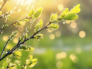 Spring blossom.  A branch with young leaves in the rays of the dawn sun