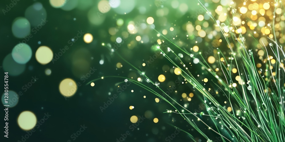 Poster Lush Green Grass with Soft Bokeh Lights Background Effect