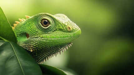 Obraz premium Close-Up of a Green Lizard Resting Among Leaves in Nature