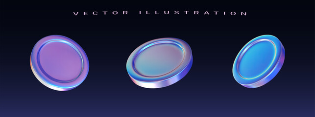 Set of neon coin. 3d holographic primitive shape. Vector illustration