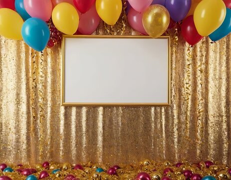 Festive scene with colorful balloons and a golden backdrop, perfect for celebration announcements or invitations.