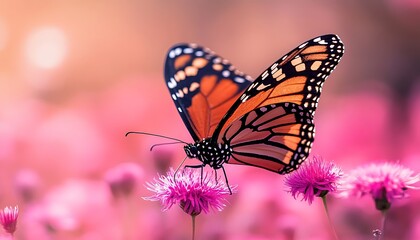 Fototapeta premium Monarch butterfly on pink flowers, golden hour