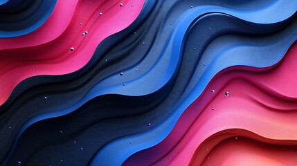 Abstract wavy background with pink, blue, and dark hues and shiny spheres.