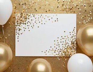A festive scene featuring gold and white balloons with a blank card surrounded by confetti.