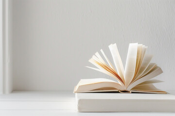 An open book with its pages fanned out, resting on another closed book against a minimalist white background.