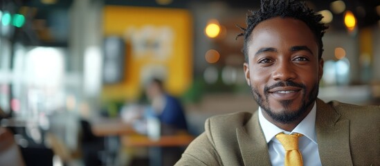 Smartly dressed man smiling in a modern cafe during daytime with a blurred background of patrons and warm colors