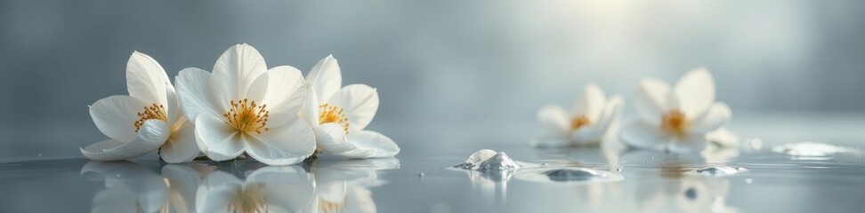 Obraz premium Subtle white blooms, glistening water, grey studio setting, fresh, plant, shadow
