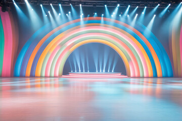 Colorful game show stage with vibrant arches and spotlight effects