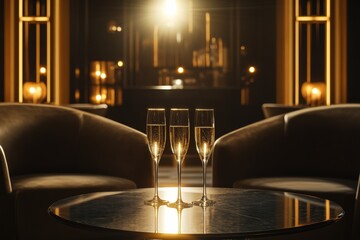 Alcohol consumption at a luxurious hotel lounge with champagne flutes. Featuring elegance and indulgence