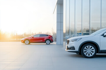 Modern car dealership exterior with sleek cars under a bright sunlight