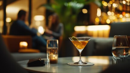 Alcohol consumption at a luxurious hotel lounge with cocktails and plush seating. Featuring elegance and luxury