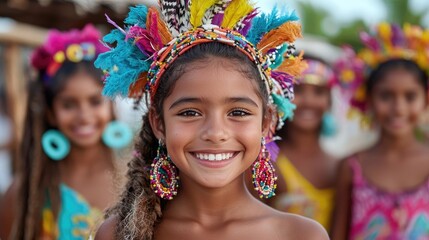 Fototapeta premium Smiling girl in colorful headdress, children, festival, outdoors. Possible use Stock photo for celebration, culture, or travel