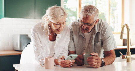 Morning, phone and smile with old couple in kitchen for retirement fund, social security benefits or news. Senior discount, membership application or update with people at home for annuity sign up